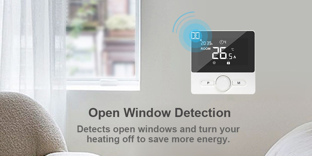 Open window protection thermostat for energy-saving 